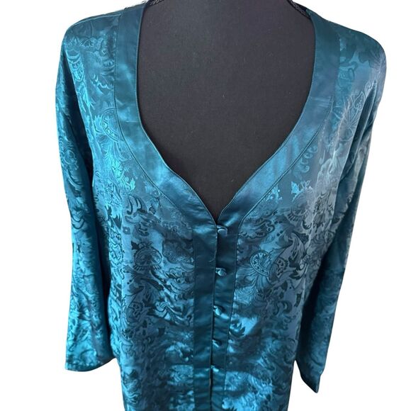VTG 80's‎ VICTORIAS SECRET  Blue Teal  FLORAL JACQUARD NIGHTSHIRT NIGHTGOWN SZ L - Picture 5 of 8